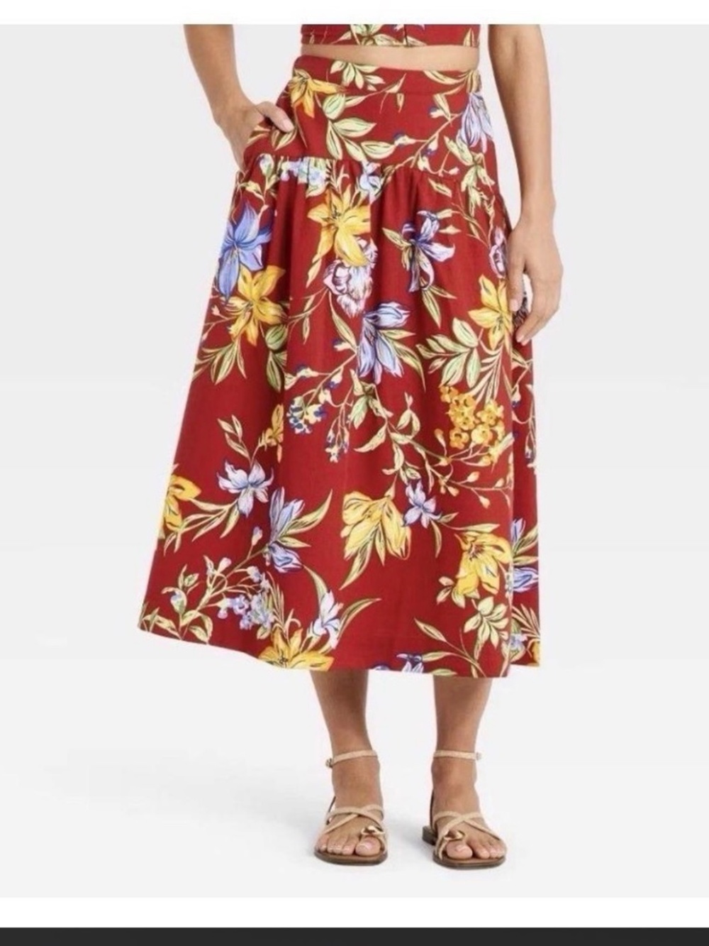 A New Day Resort Poplin Drop Waist Midi Skirt Dark Red Floral Cotton NWT